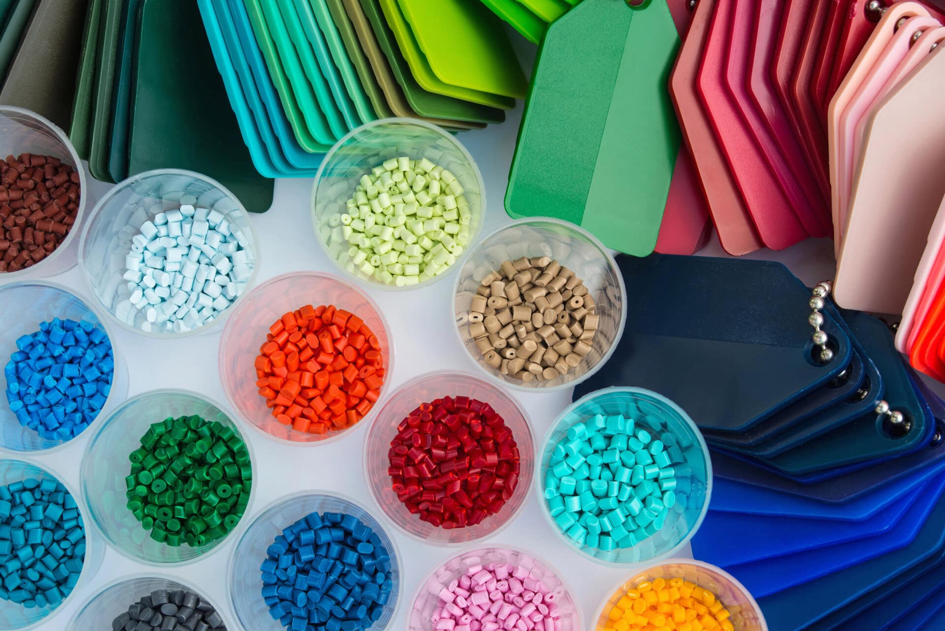 Dyed plastic polymer granulates in laboratory